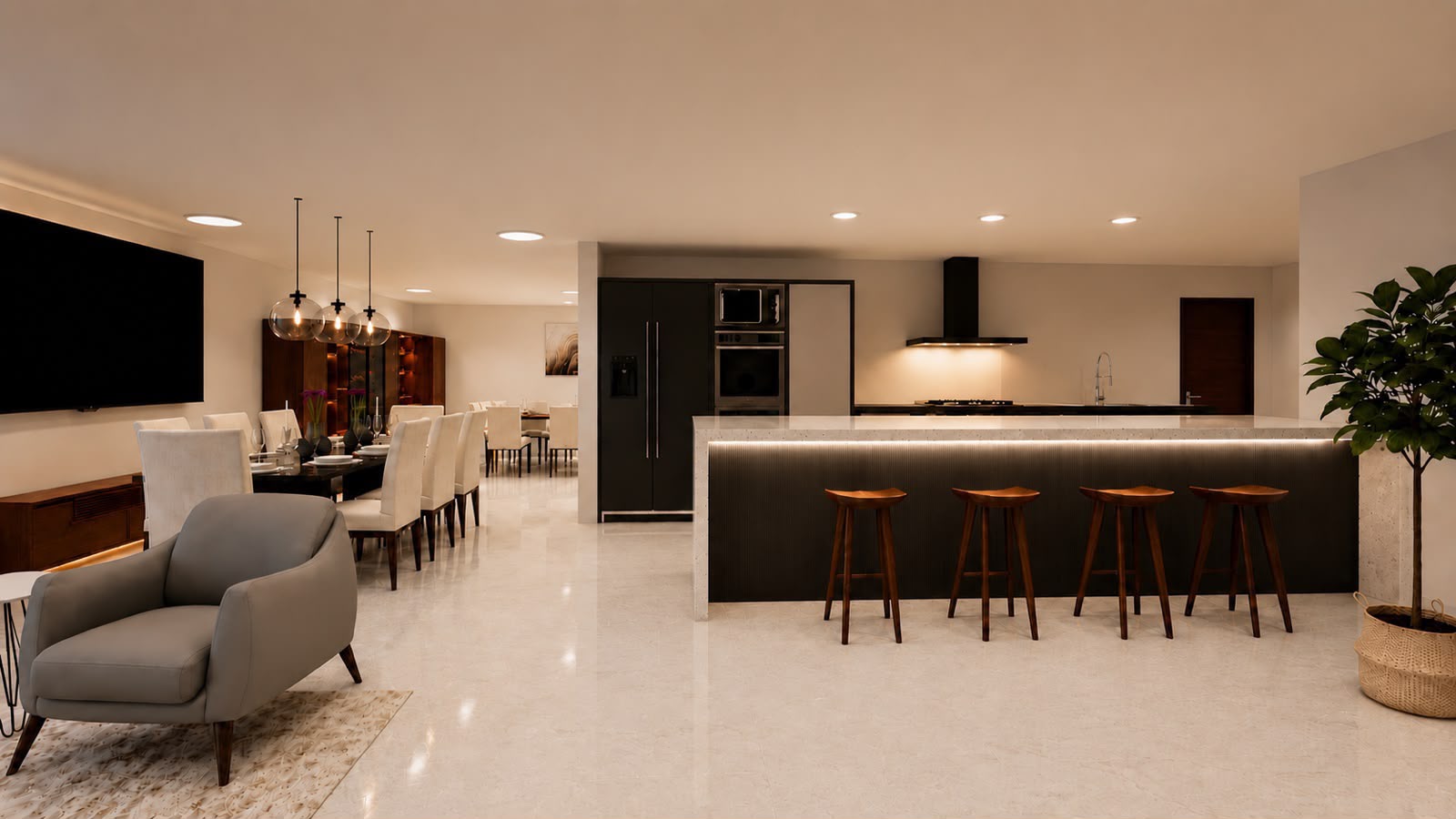 Cocina y comedor integrados con una barra iluminada, taburetes de madera y lámparas colgantes.