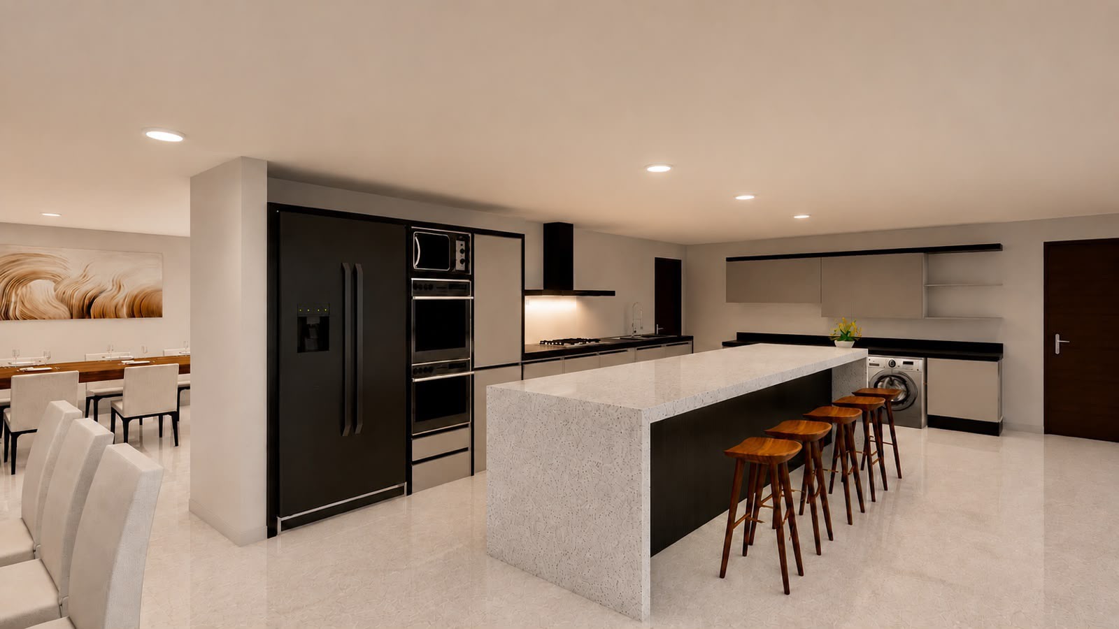 Cocina amplia con isla central clara, taburetes de madera y mobiliario en blanco y negro.