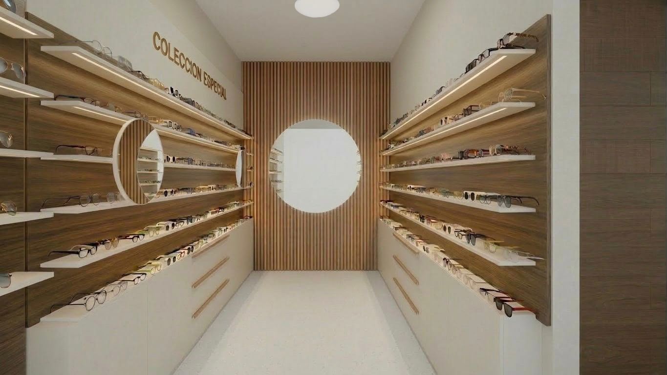 Área de exhibición de una óptica con repisas iluminadas de madera y espejos circulares.