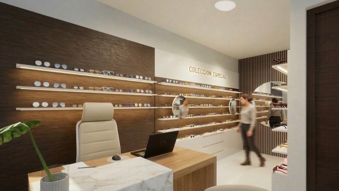 Recepción de una óptica con mesón de madera y superficie clara, exhibidores de lentes e iluminación integrada.