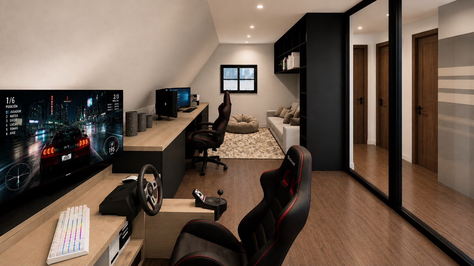 Sala de entretenimiento con puestos de videojuegos, escritorio continuo de madera y zona de descanso.