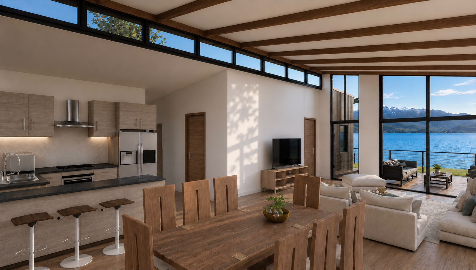 Cocina con barra y comedor de madera abiertos hacia el estar y una terraza con vista al paisaje.
