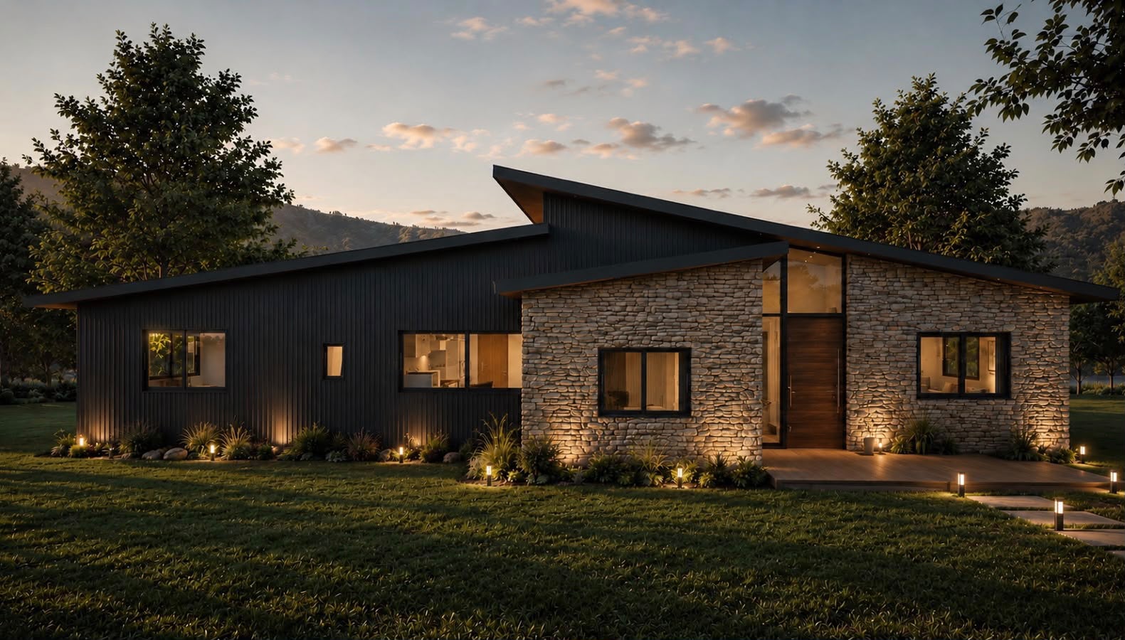 Fachada de una vivienda con revestimiento oscuro, piedra y cubiertas inclinadas al atardecer.