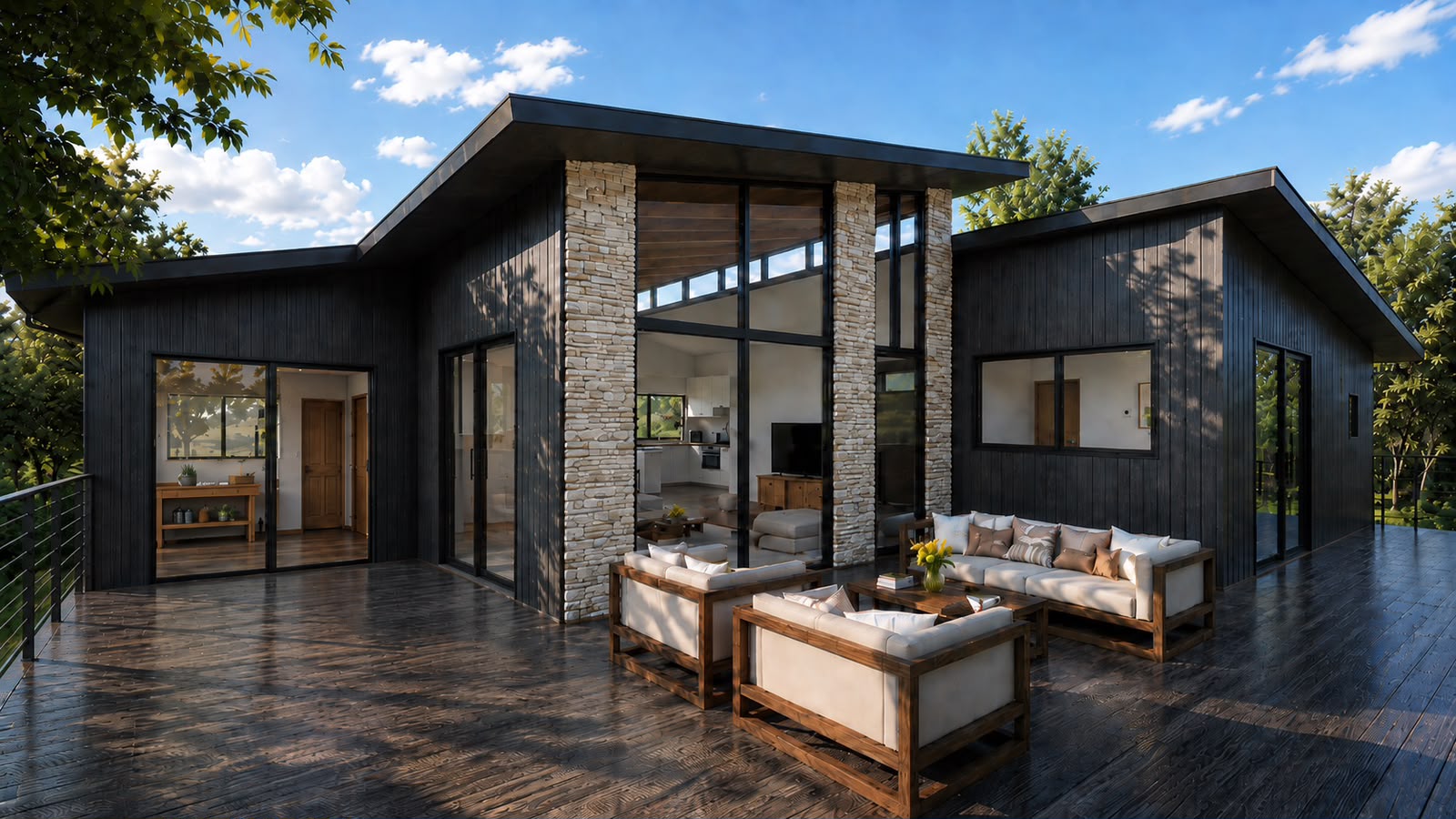 Terraza de madera con sillones frente a una vivienda de piedra, revestimiento oscuro y grandes ventanales.